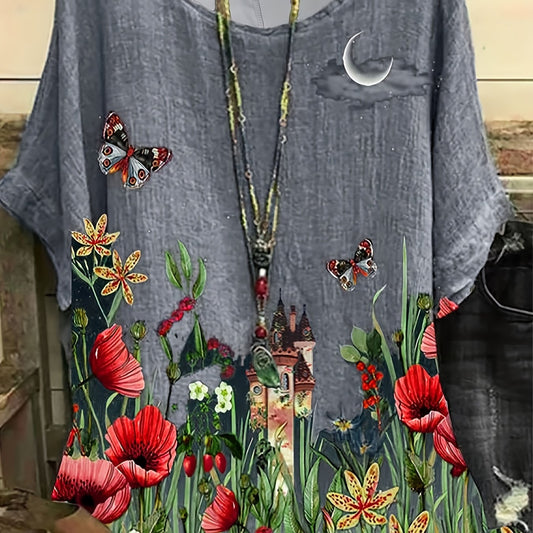 Tie Dye Floral & Butterfly Print Blouse