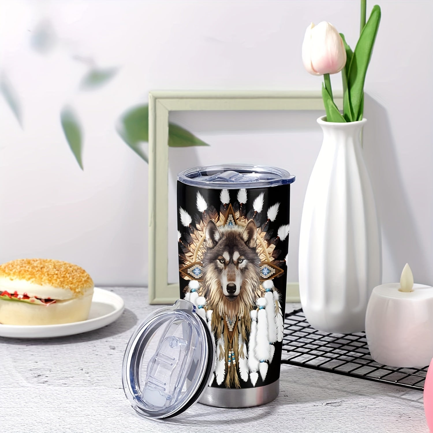 20oz Indian Wolf Stainless Steel Tumbler - Insulated Travel Mug