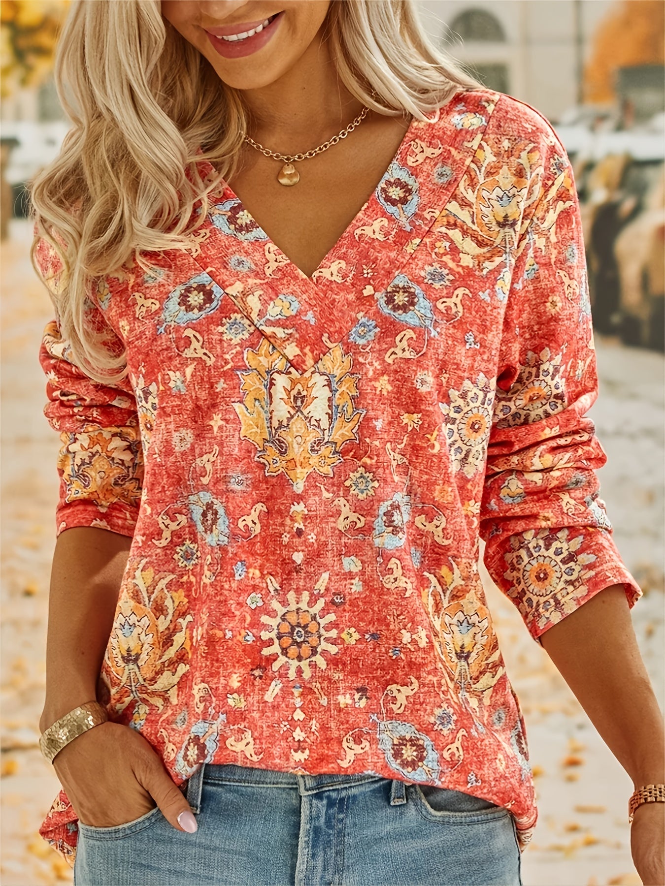Floral Print V Neck Sweatshirt Long Sleeve Casual Top