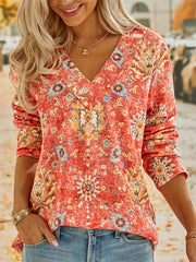 Floral Print V Neck Sweatshirt Long Sleeve Casual Top