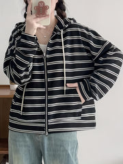 Striped Hoodie Print Zip Up Sweatshirt Spring & Fall Women's Clothing