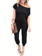 Slanted Shoulder Jumpsuit Casual Short Sleeve Cinched Waist Jumpsuit