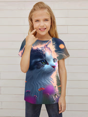 Dreamy Flower Cat Graphic Short Sleeve T shirt Girls Versatile Pullover Tops