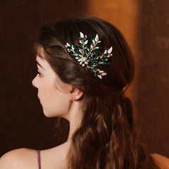Alloy Leaf Hair Comb Vintage Green Rhinestone Bridal Hair Accessory