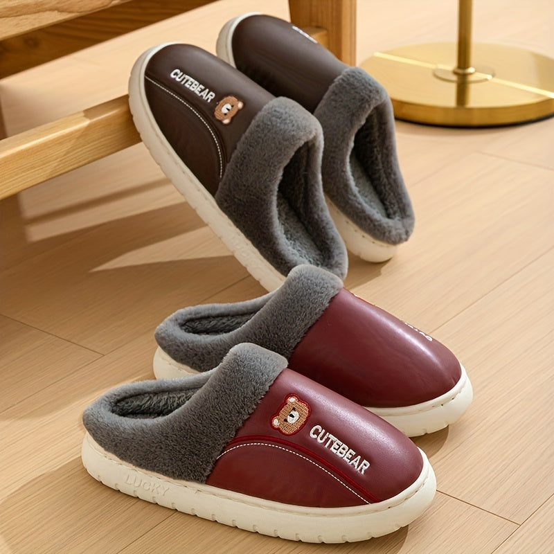 Women's Cartoon Bear Print Slippers Plush Lined Platform Shoes
