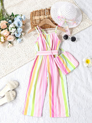 Toddler Girls Striped Belted Cami Romper Set with Hat for Beach Vacation