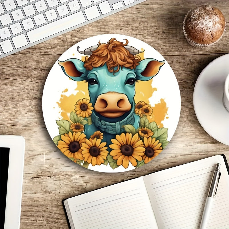 Sunflower Cow Pattern Mouse Pad 22cm, Anti-Slip Waterproof Gaming Office Pad