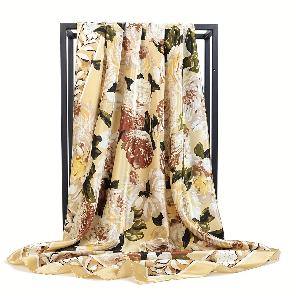 Vintage Yellow Flower Print Satin Square Scarf for Summer