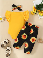 3pcs Baby Girls Daddy Says No Dating Outfit Set with Sunflower Pants