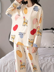 Cartoon Fawn Pajama Set Long Sleeve Crew Neck Top & Pants