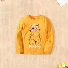 Girls Cotton Kitty Print Crew Neck T shirt For Fall Sports