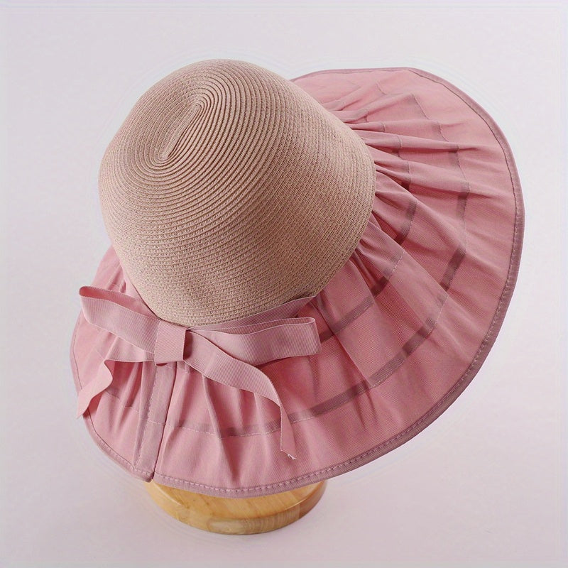 Striped Sun Hat Ribbon Bowknot UV Protection Straw Bucket Hats