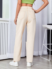 Apricot Ripped Distressed Denim Pants Solid Slash Pocket Loose Mom Jeans