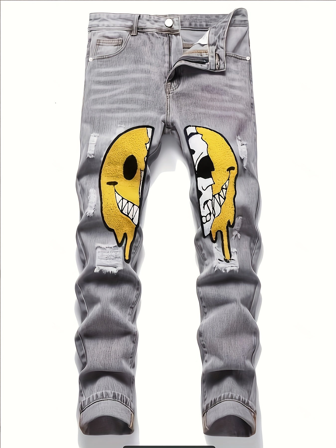 Smiling Face Regular Fit Jeans Men's Distressed Denim Pants