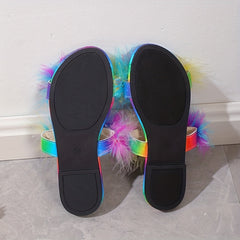 Women's Faux Fur Decor Slide Sandals Double Strap Slip On Shoes