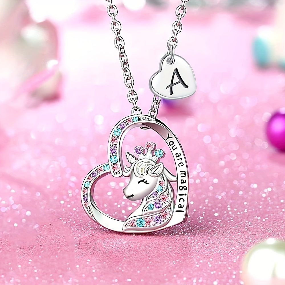 Cartoon Heart Unicorn Pendant Necklace Gift For Girls