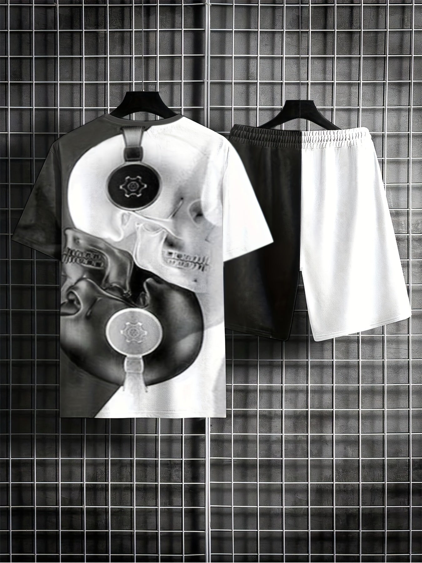 Skull Block Pattern Mens 2 Piece Outfits Comfy T-shirt And Casual Shorts Set