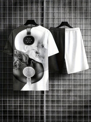 Skull Block Pattern Mens 2 Piece Outfits Comfy T-shirt And Casual Shorts Set