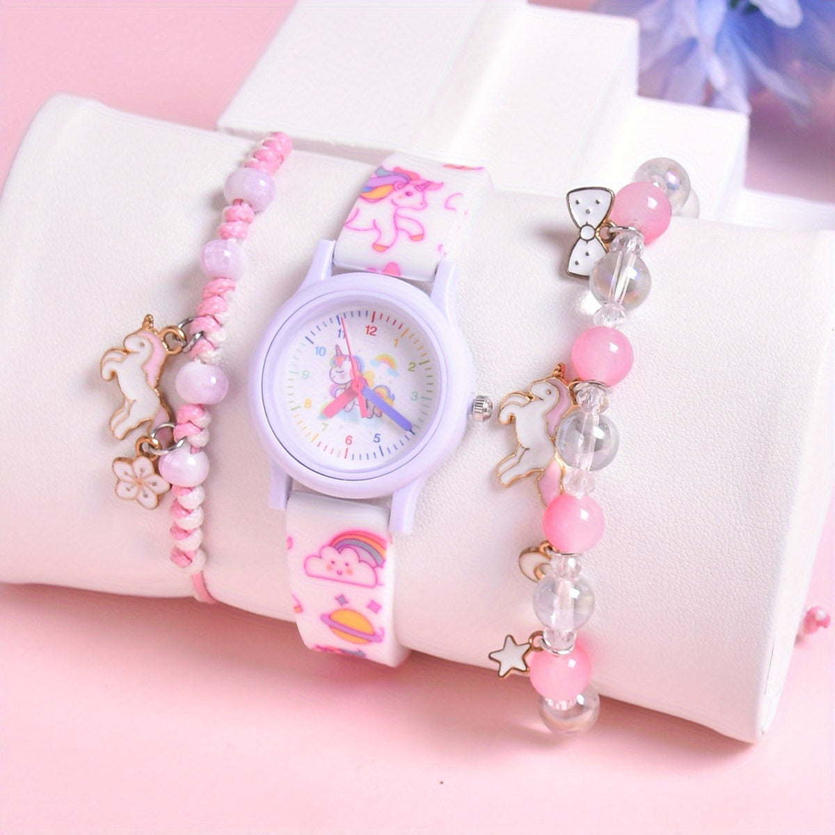 Cartoon Horse Print Wristband Set with Quartz Watch