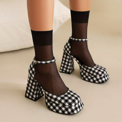 Retro Block Heels Square Toe Platform Pumps