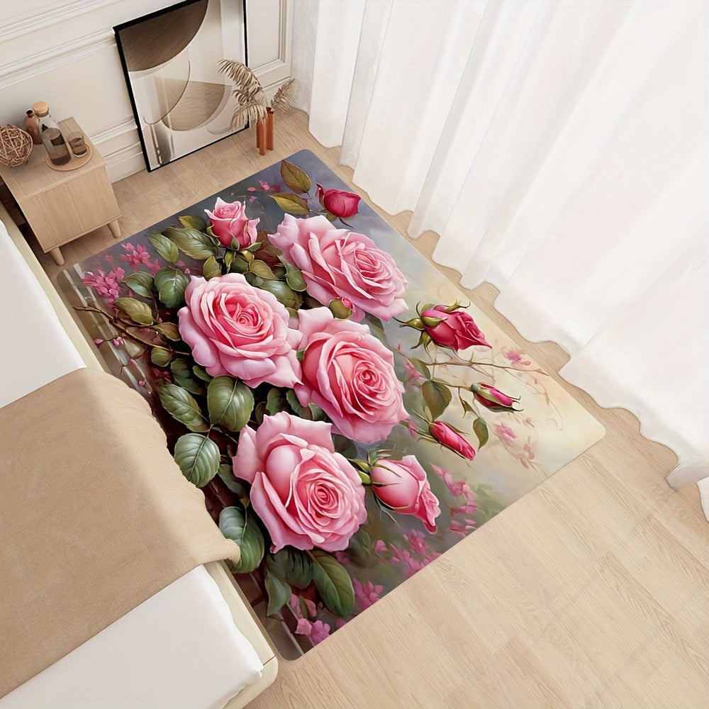 Pink Rose Print Area Rug Machine Washable Mat for Home Decor