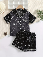 Girls Cat Graphic Pajama Set Button Top & Shorts Summer Sleepwear