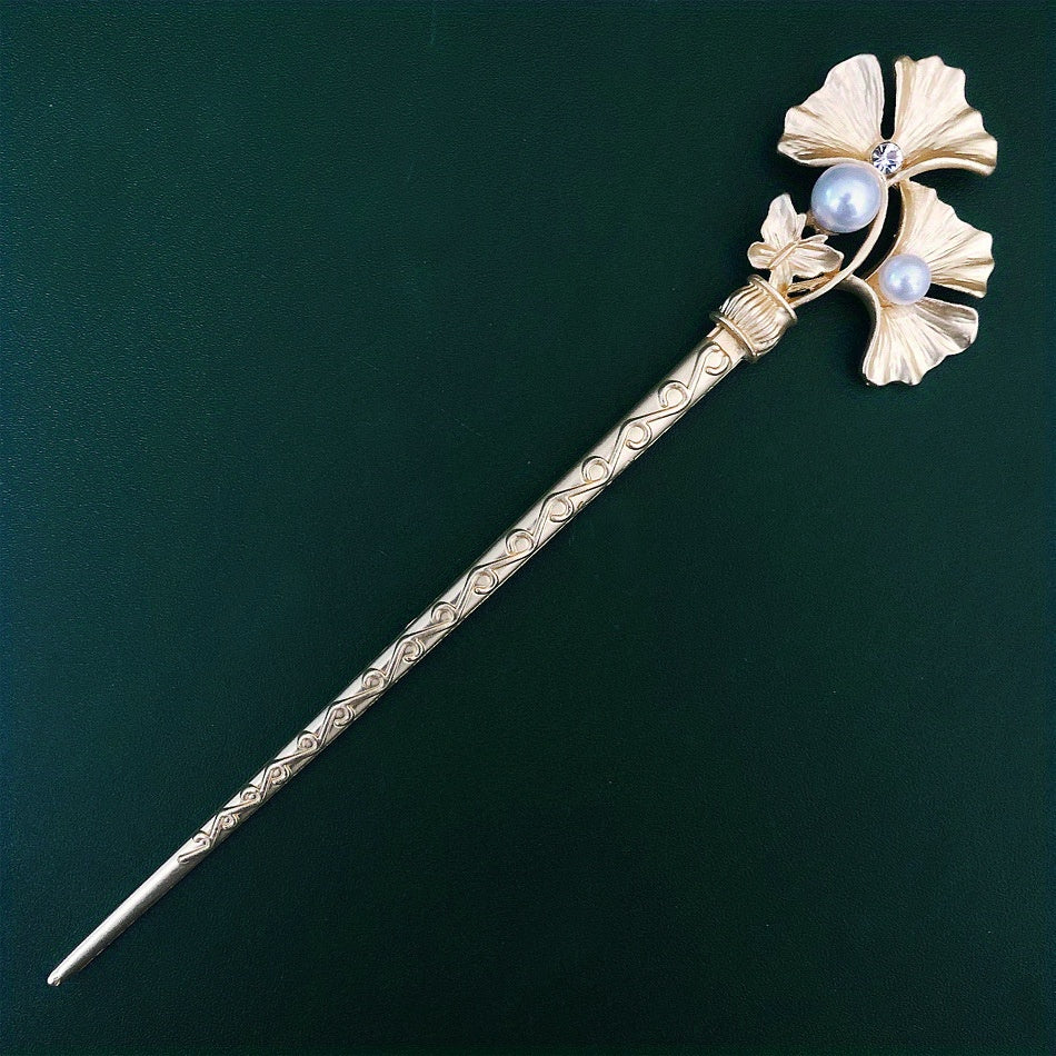 Vintage Ginkgo Leaf Hairpin Faux Pearl Hair Stick