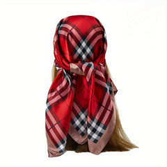 Plaid Print Bandana Silk Large Square Scarf Casual Head Wrap Women Hair Accessor