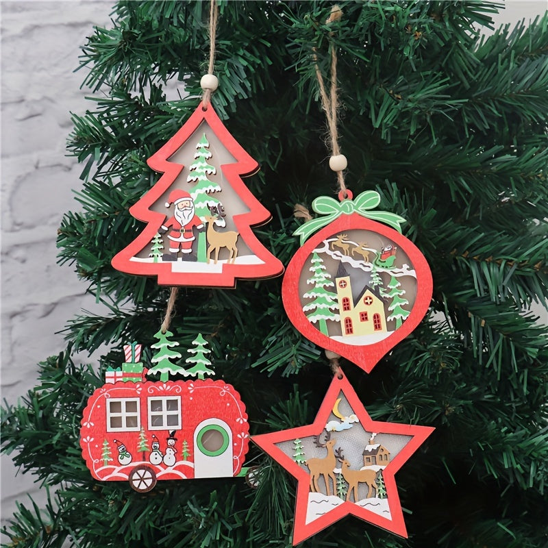 4pcs Wooden Star Car Pendant Christmas Tree Decorations