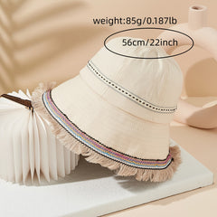 Boho Beige Cotton Bucket Hat Tassel Decor Basin Hat