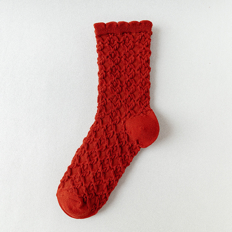 Red Textured Mid Tube Socks Chinese Year Women's Socks