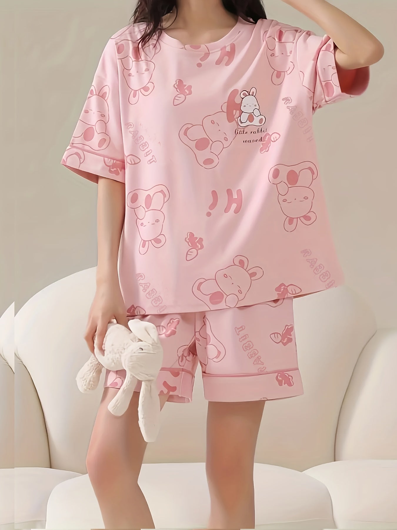 Bunny Print Pajamas Set Crew Neck Top & Shorts