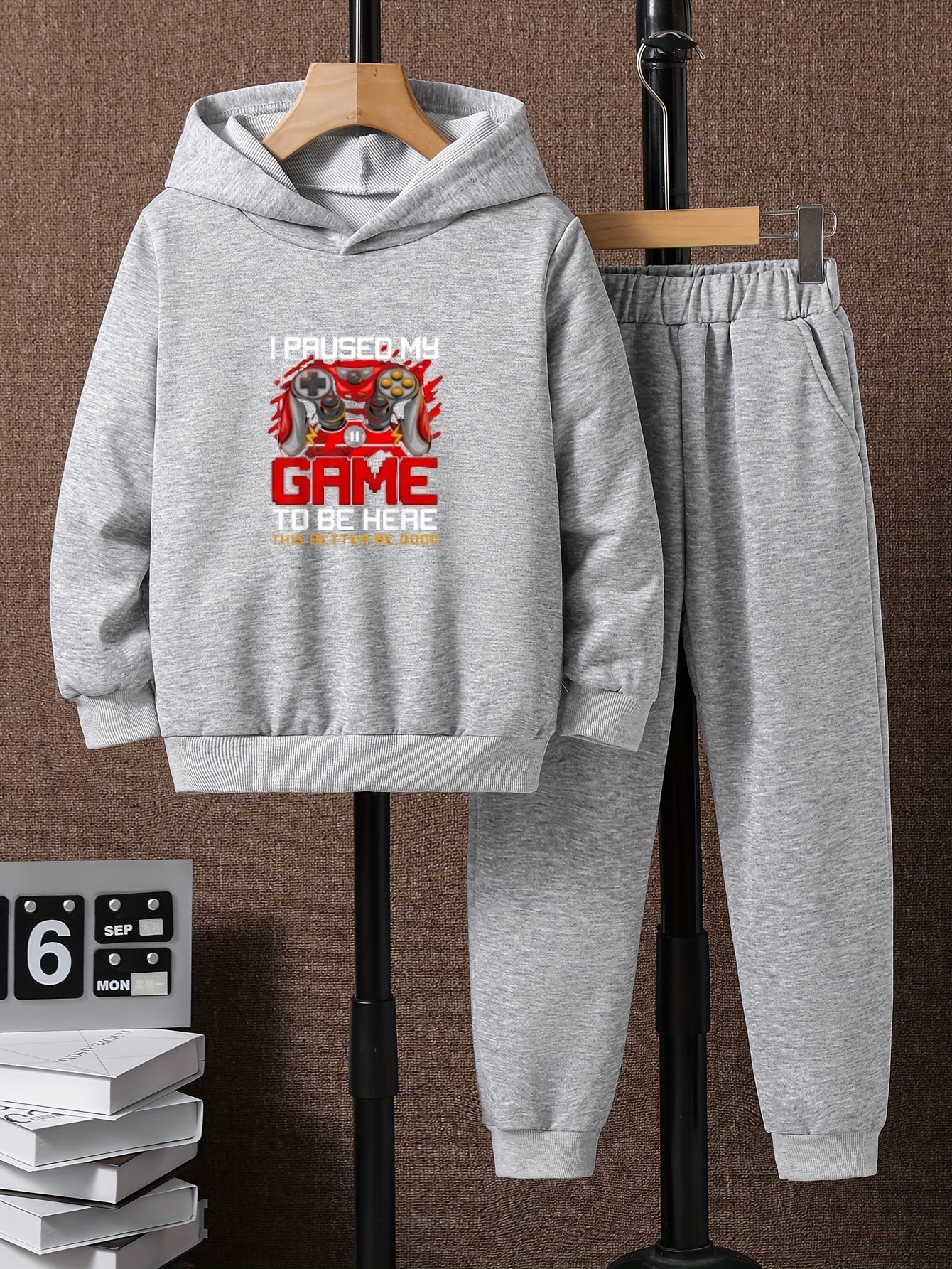 Boys Gamepad Print Hooded Sweatshirt & Sweatpants Set