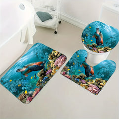 4pcs Waterproof Turtle Shower Curtain Set with 12 Hooks