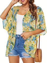 Women's Plus Floral Print Bat Sleeve Cover Up Cardigan