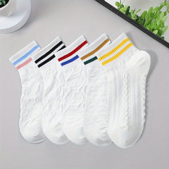 5 Pairs 3D Textured Socks Soft Striped Trim Short Socks Women's Stockings