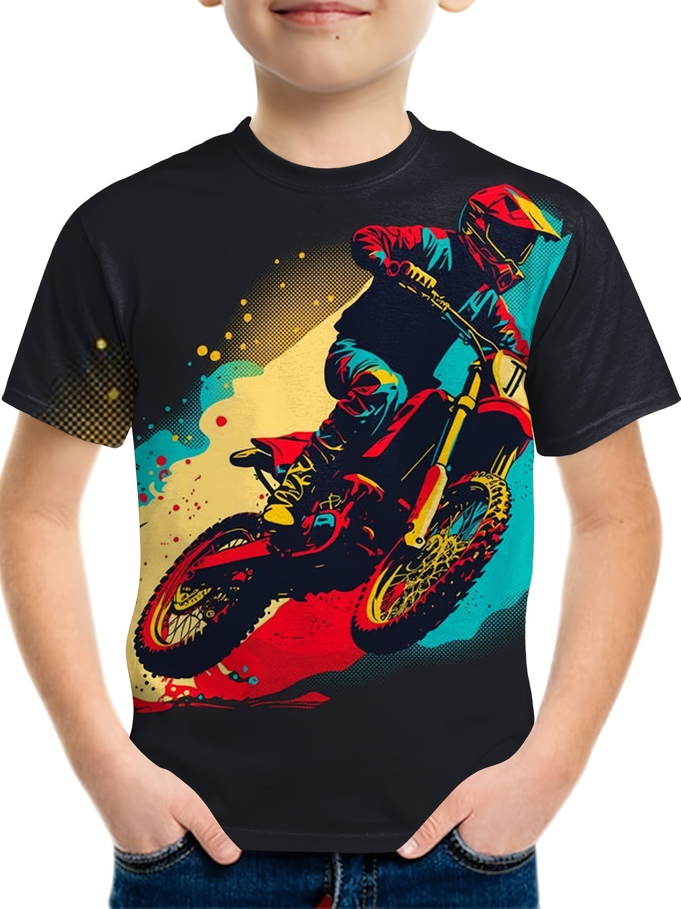 Motorcycle Rider Graffiti Print Boy's Casual Short Sleeve T-shirt