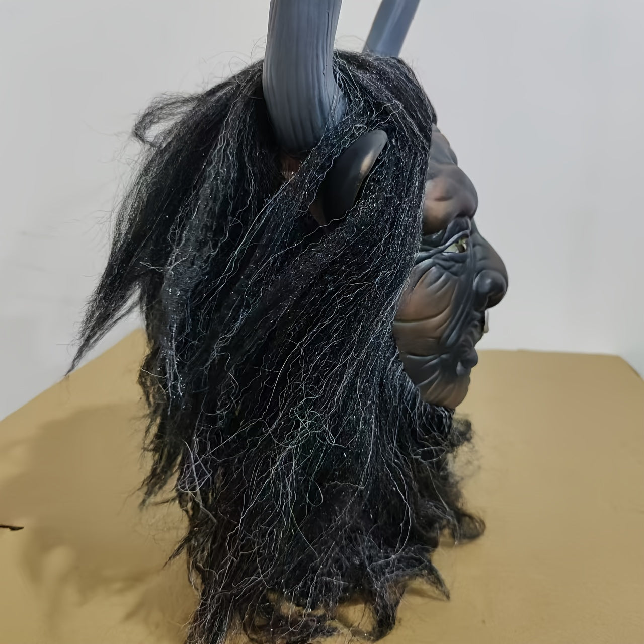 Goat Skull Mask with Long Hair and Horns Adult Halloween Costume Accessory