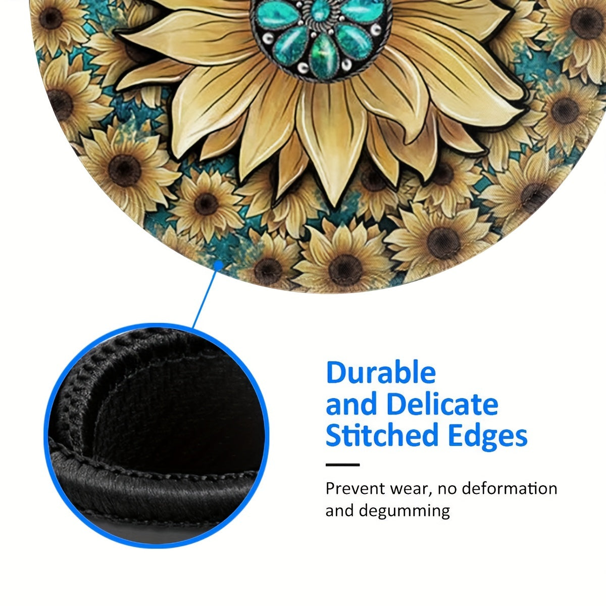 Boho Sunflower & Turquoise Round Mouse Pad Non Slip Base Mousepad