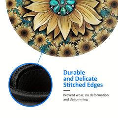 Boho Sunflower & Turquoise Round Mouse Pad Non Slip Base Mousepad