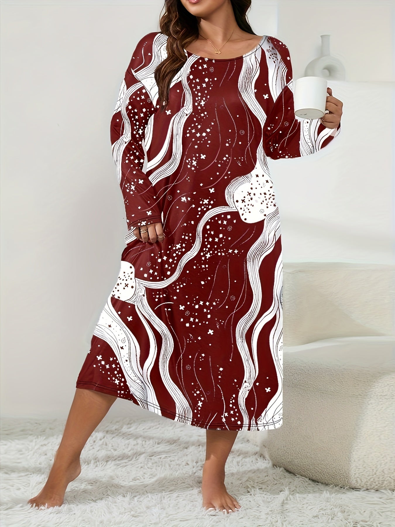 Lounge Dress Women's Plus Random Print Long Sleeve Crew Neck Sleep Dre