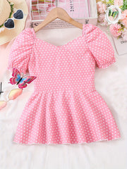 Girls Polka Dot Puffed Blouse Top