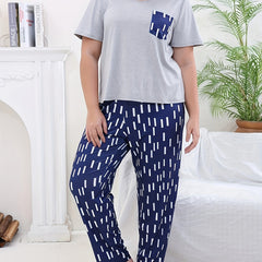 Casual Pajama Set Solid Short Sleeve Tee & Striped Pants