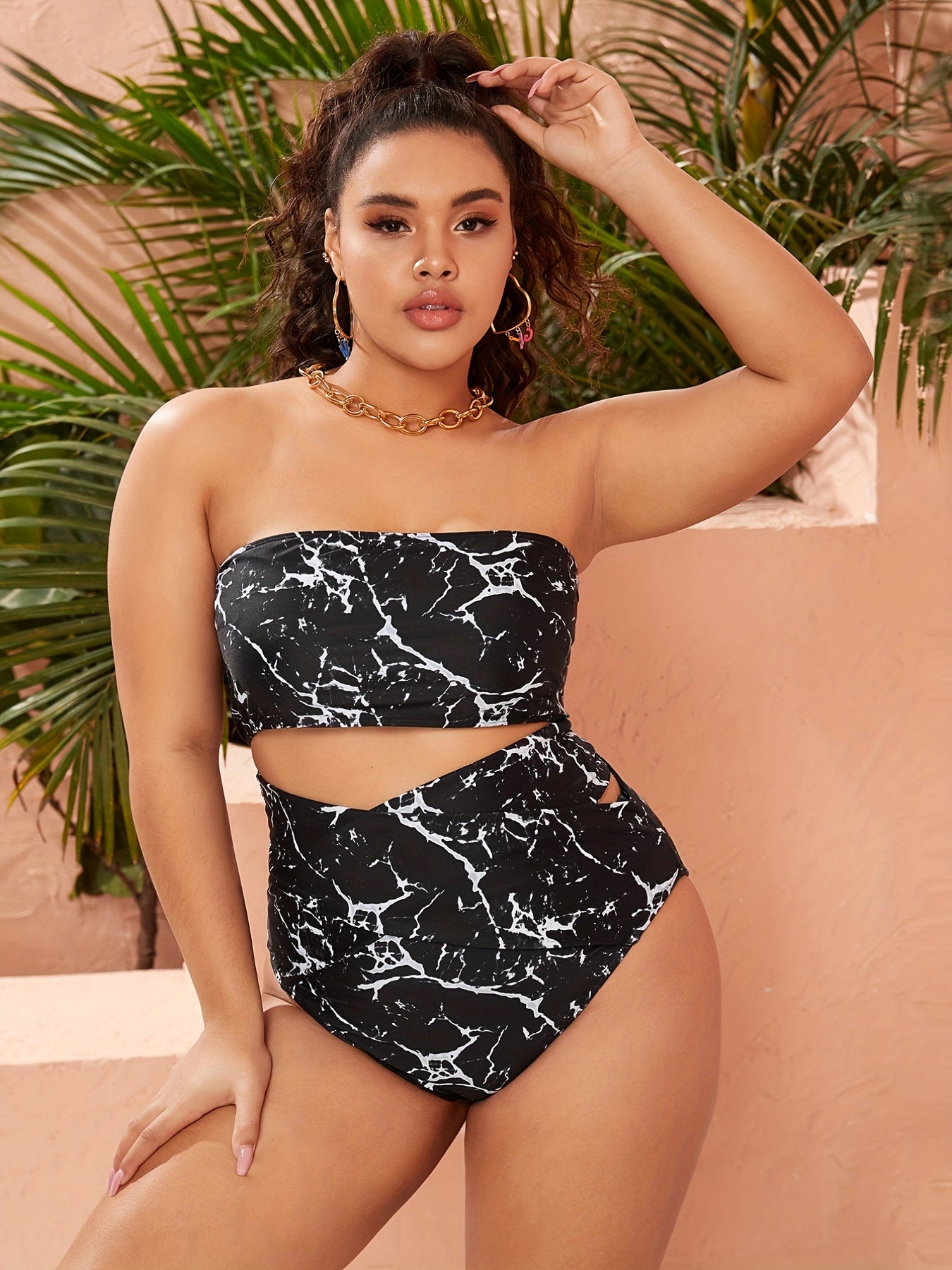Snakeskin Print Bikini Set - Bandeau Top & High Rise Briefs