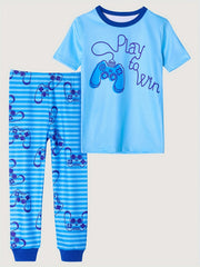 Boys Gamepad Print T-shirt & Striped Trousers Set