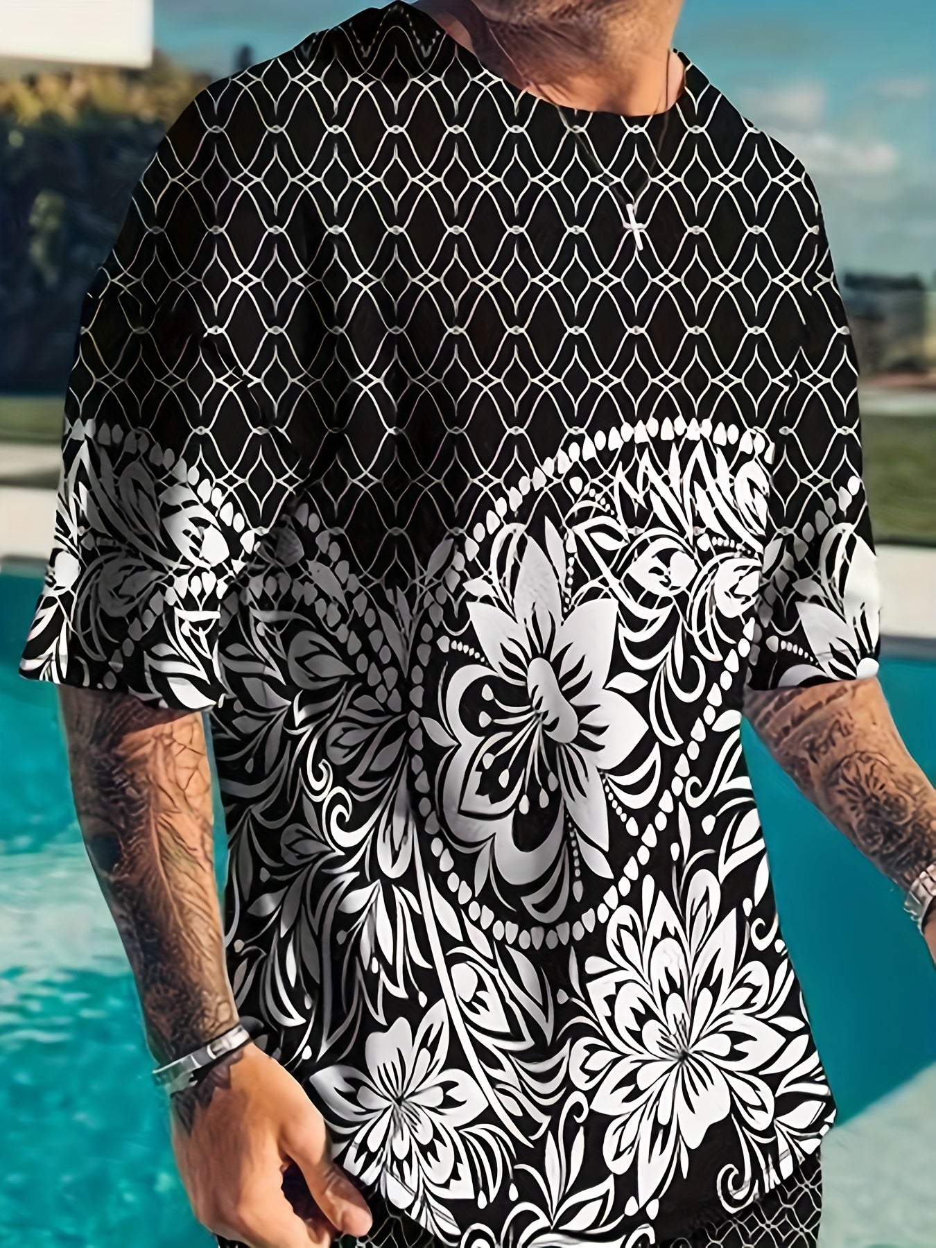 Men's 2 Piece Outfits Flower Print Ethnic Style T-shirt and Shorts Set