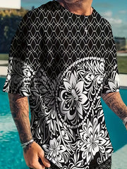Men's 2 Piece Outfits Flower Print Ethnic Style T-shirt and Shorts Set