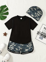 Boys T Shirt Shorts Cap Set Summer Toddler Kids Camo Casual Outfit