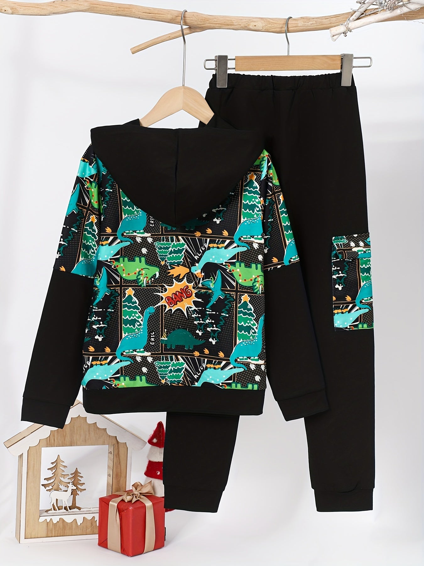 Boys Dino Pattern 2pcs Hoodie & Sweatpants Set for Spring