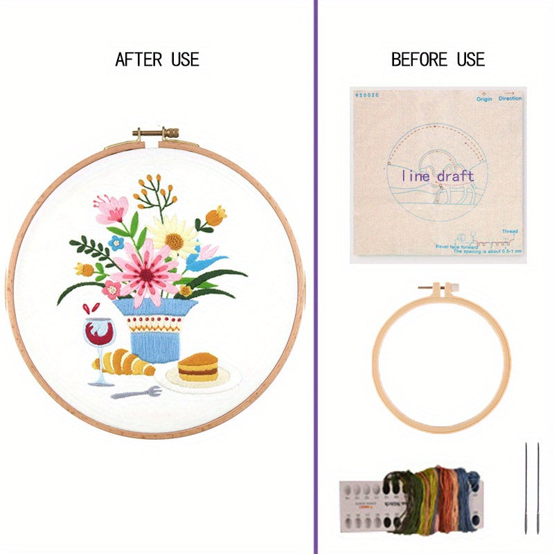 DIY Flower Embroidery Kit w/ Wrapping Paper Cloth & Hoop Threads - 2pcs